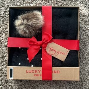 Lucky Brand Black Hat with Faux Fur Pom and Pearl Accents